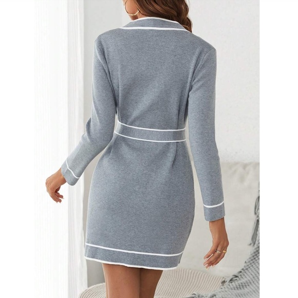 Grey Knit Belted Dress Long Sleeve, Button Through Contrast White Piping Trim - Picture 3 of 7